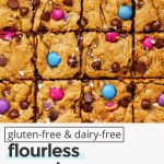 Overhead view of flourless monster cookie bars cut into squares