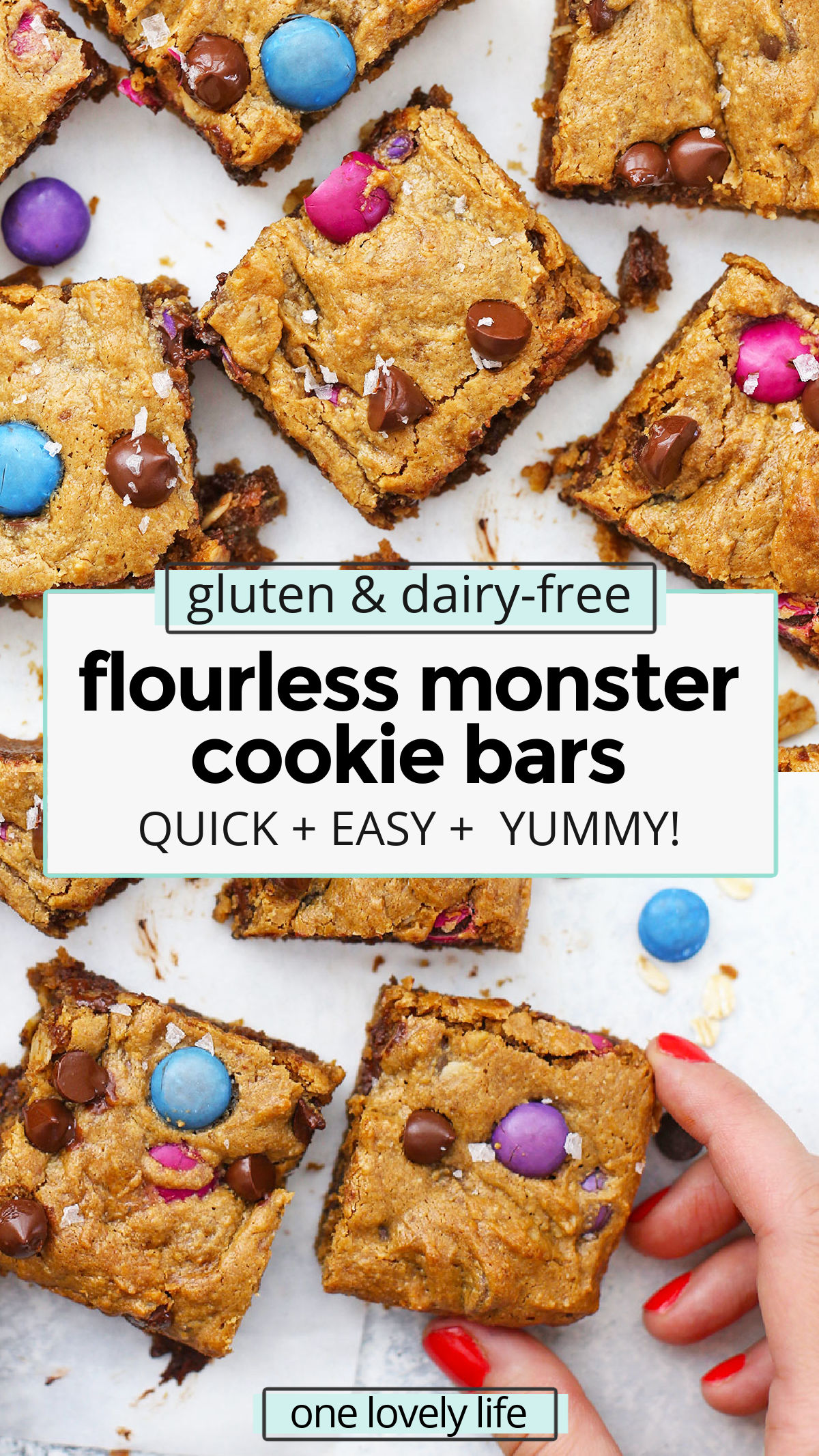 Flourless Monster Cookie Bars - These delicious peanut butter blondies are studded with rolled oats, chocolate chips, and chocolate candies. Plus, they're gluten free and dairy free! The perfect easy treat to satisfy your sweet tooth. // monster cookie blondies // gluten-free monster cookie bars // monster cookie bars no flour // dairy free monster cookie bars // gluten free cookie bars // flourless cookie bars // flourless cookies // flourless dessert  