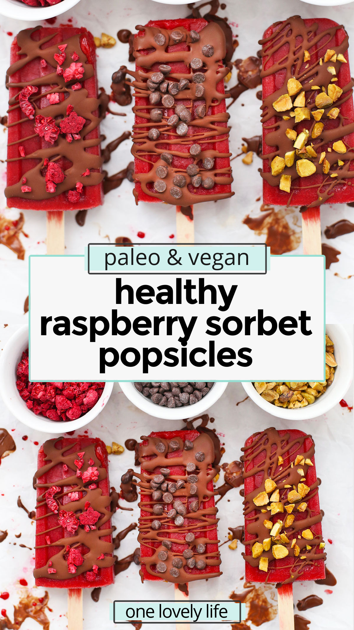 Healthy Raspberry Sorbet Popsicles - These raspberry popsicles taste like a scoop of sorbet. Don't skip the chocolate drizzle! (Paleo, Vegan) // Raspberry Popsicle recipe // healthy raspberry popsicles // healthy popsicles // homemade popsicles // homemade raspberry popsicles // healthy raspberry sorbet / vegan popsicles / paleo popsicles / gluten-free popsicles / vegetarian popsicles