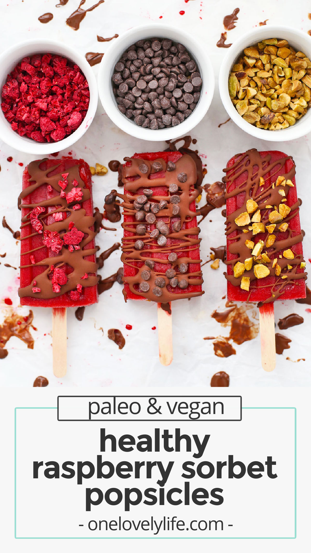 Healthy Raspberry Sorbet Popsicles - These raspberry popsicles taste like a scoop of sorbet. Don't skip the chocolate drizzle! (Paleo, Vegan) // Raspberry Popsicle recipe // healthy raspberry popsicles // healthy popsicles // homemade popsicles // homemade raspberry popsicles // healthy raspberry sorbet / vegan popsicles / paleo popsicles / gluten-free popsicles / vegetarian popsicles