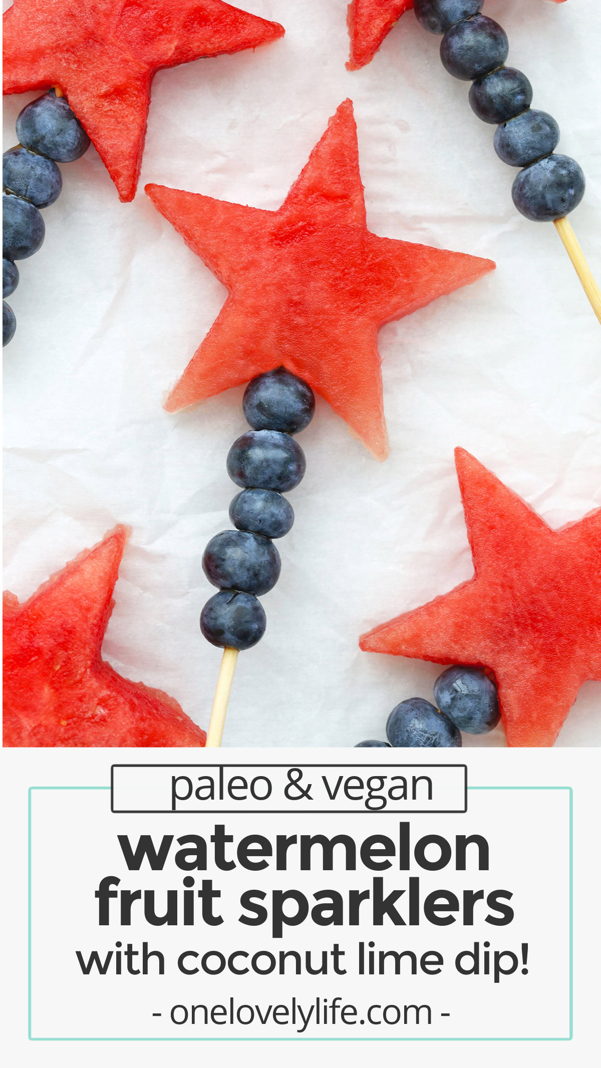 Watermelon Star Sparklers - Watermelon stars and blueberries combine to make these fun, patriotic fruit sparklers. They're a perfect, easy snack or summer side dish. (Naturally Paleo, Vegan & Gluten-Free) // Patriotic Fruit Skewers // 4th of July Side Dish // Red White and Blue Recipes // 4th of july snack // 4th of july menu // fun snacks for kids // kids snack // kids snack with fruit / watermelon recipes