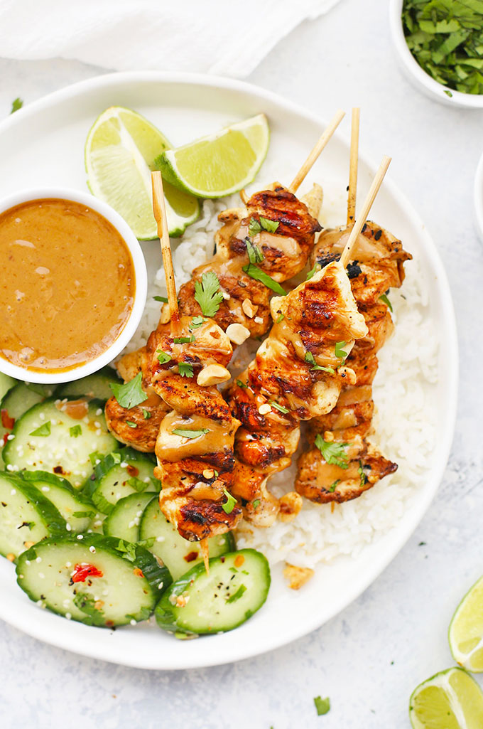 Chicken Satay Skewers with Peanut Sauce from One Lovely Life