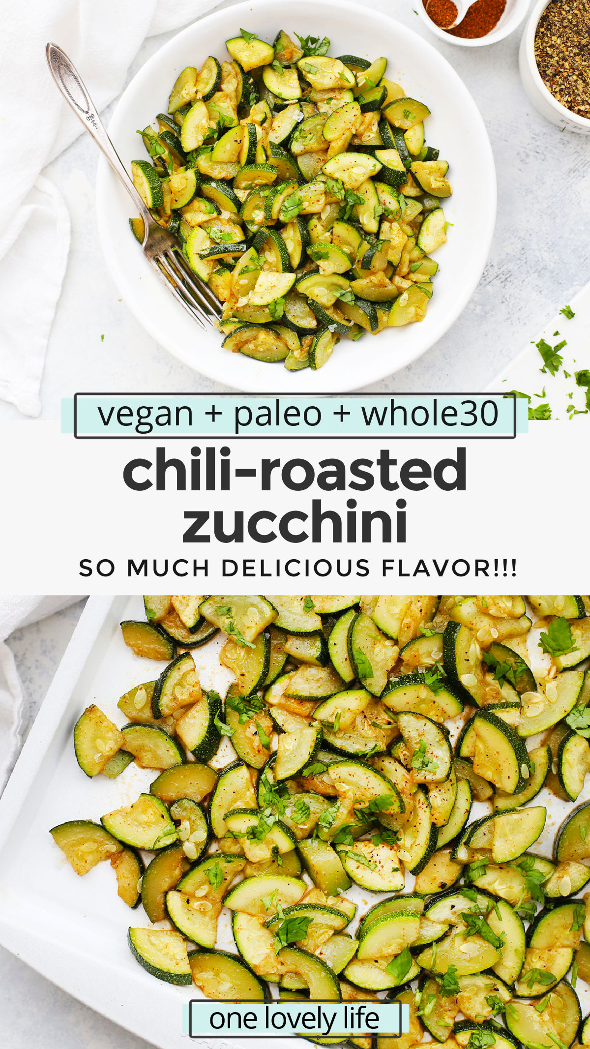 Chili Roasted Zucchini - This easy zucchini recipe is one of our favorites. Simple spices make these zucchini wedges the perfect easy side dish! (Paleo, Vegan, and Whole30 approved!) // Gluten free // #glutenfree #zucchini #healthyrecipe #vegan #whole30 #vegan #vegetarian #dairyfree