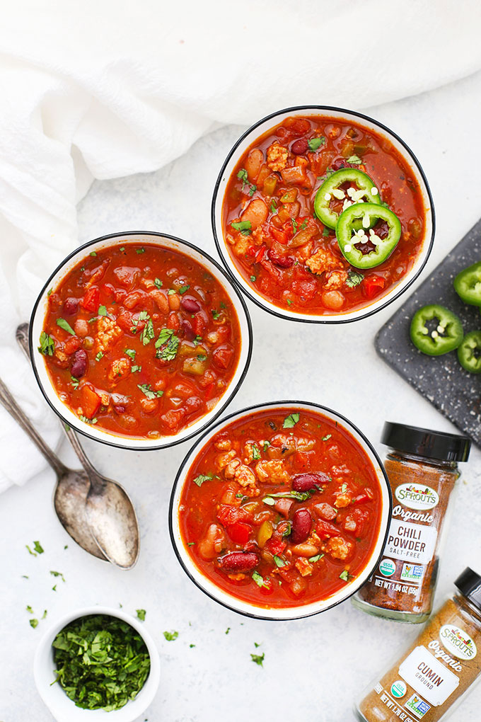 Three bowls of simple slow cooker chili from One Lovely Life