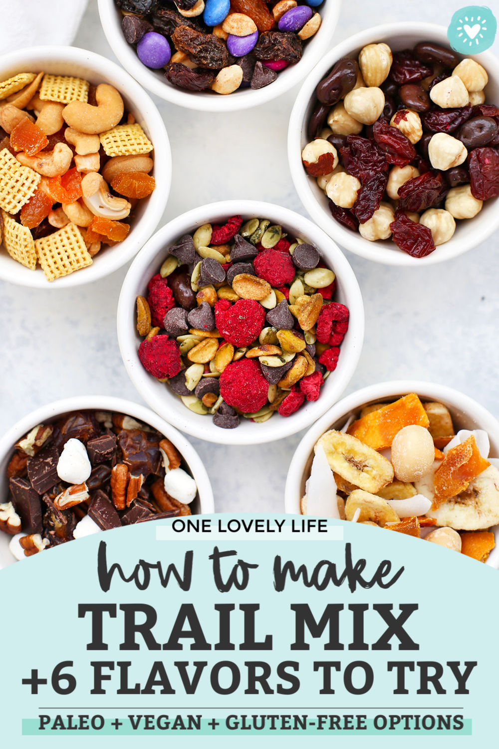 How to Make the BEST Trail Mix - Try this DIY Trail Mix Bar to make a week of healthy snacks in no time with these yummy trail mix ideas! Try our favorite flavor combinations or create your own. Gluten free, vegan, paleo, and Whole30 options! // Paleo snack // Trail Mix // Gluten free snack // Vegan snack #trailmix #glutenfree #vegan #paleo #snack #healthysnack