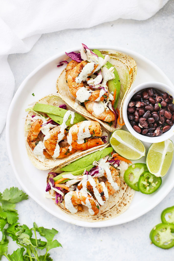 Cilantro Lime Shrimp Tacos and Black Beans from One Lovely Life