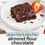 Almond Flour Chocolate Zucchini Cake on a plate with text overlay that reads "gluten free chocolate zucchini cake with healthy chocolate frosting"