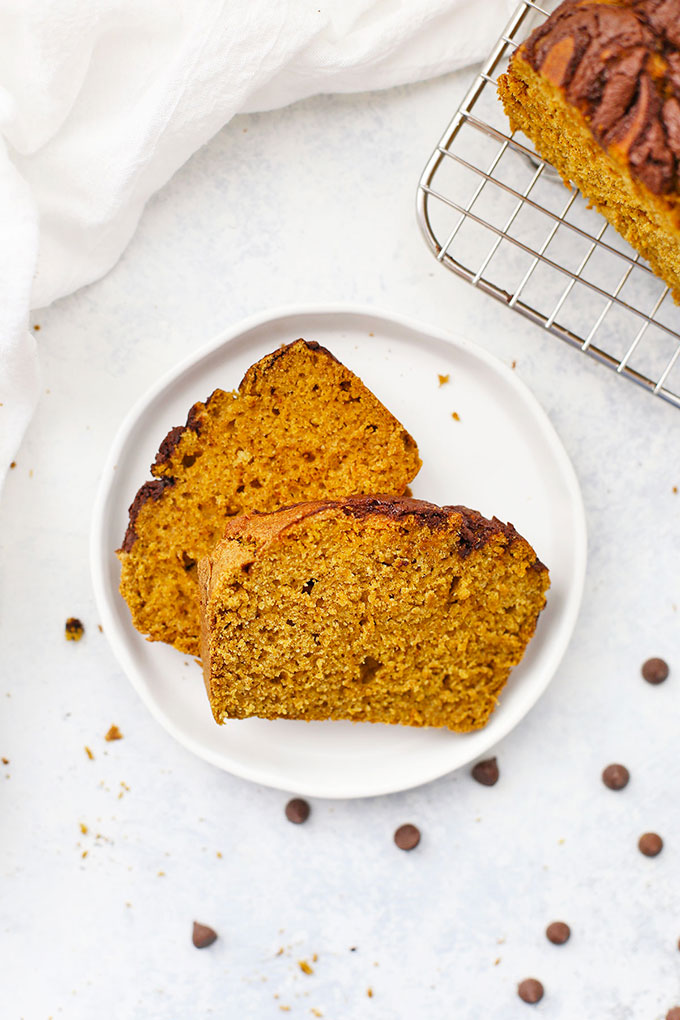 Slices of Gluten Free Pumpkin Bread with Chocolate Cinnamon Swirl from One Lovely Life