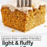 gluten-free almond flour pumpkin cake with text overlay that reads "gluten-free + paleo-friendly almond flour pumpkin cake with cinnamon frosting"