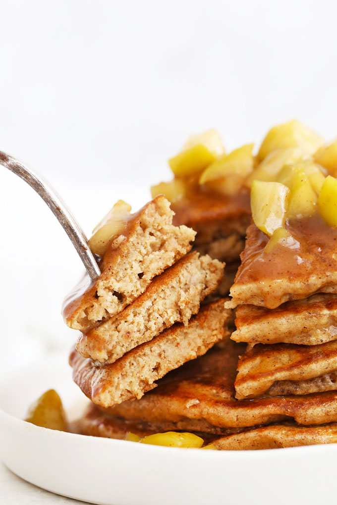 Gluten Free Blender Apple Oatmeal Pancakes with Apple Cinnamon Topping from One Lovely Life