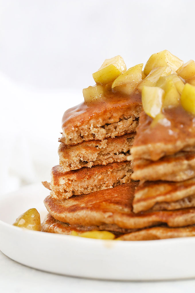 Gluten Free Blender Apple Oatmeal Pancakes with Apple Cinnamon Topping from One Lovely Life