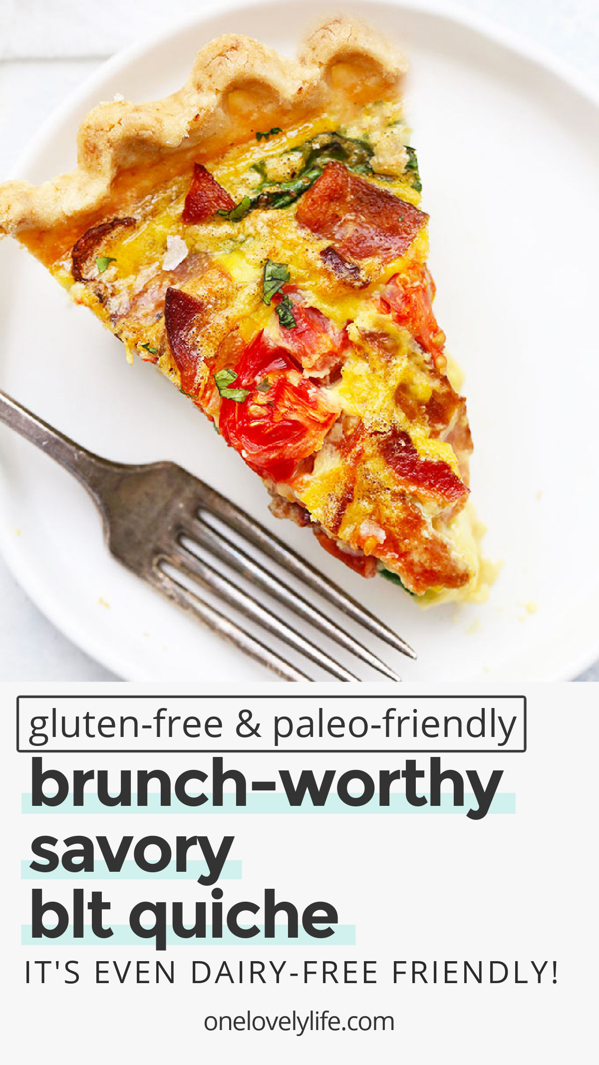 BLT Quiche - Classic BLT flavors with a breakfast twist! This quiche is loaded with bacon, greens, tomatoes, and more to take your breakfast or brunch to the next level! (Gluten Free & Paleo-Friendly) // Bacon quiche recipe // spinach quiche // tomato quiche recipe // paleo quiche // whole30 quiche // dairy free quiche // paleo quiche // gluten free quiche // paleo brunch // easter brunch // healthy brunch //