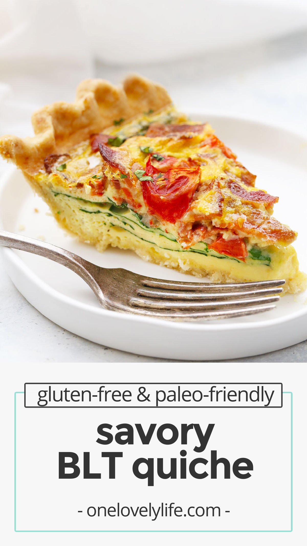 BLT Quiche - Classic BLT flavors with a breakfast twist! This quiche is loaded with bacon, greens, tomatoes, and more to take your breakfast or brunch to the next level! (Gluten Free & Paleo-Friendly) // Bacon quiche recipe // spinach quiche // tomato quiche recipe // paleo quiche // whole30 quiche // dairy free quiche // paleo quiche // gluten free quiche // paleo brunch // easter brunch // healthy brunch //