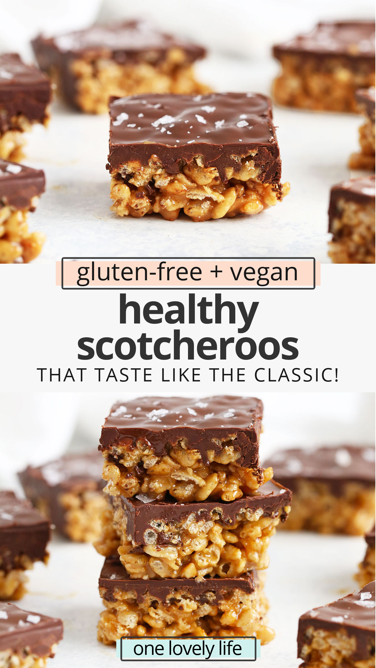 Healthy Scotcheroos - My childhood remade without corn syrup or refined sugar! You'll love these gooey peanut butter rice krispies treats with chocolate topping just as much as the original. (Gluten free & vegan) // Rice Krispies Treats // No Bake Dessert // #vegan #ricekrispiestreats #nobakedessert #chocolate #scotcheroos #glutenfree