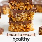 Front view of a stack of healthy scotcheroos with text overlay that reads "gluten-free + vegan healthy scotcheroos that taste just like the classic!"
