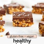 Front view of healthy scotcheroos squares with text overlay that reads "gluten-free + vegan healthy scotcheroos that taste just like the classic!"