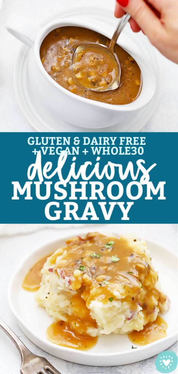 Easy Mushroom Gravy - This simple mushroom gravy recipe works for vegetarian, paleo, and gluten-free diets! It's amazing on mashed potatoes or spooned over your main dish. (Vegan, Paleo, Gluten-Free Options) // Mushroom gravy recipe // vegan mushroom gravy // paleo mushroom gravy // gluten free gravy recipe #gravy #glutenfree #mushroomgravy #thanksgiving #vegan #paleo #dairyfree