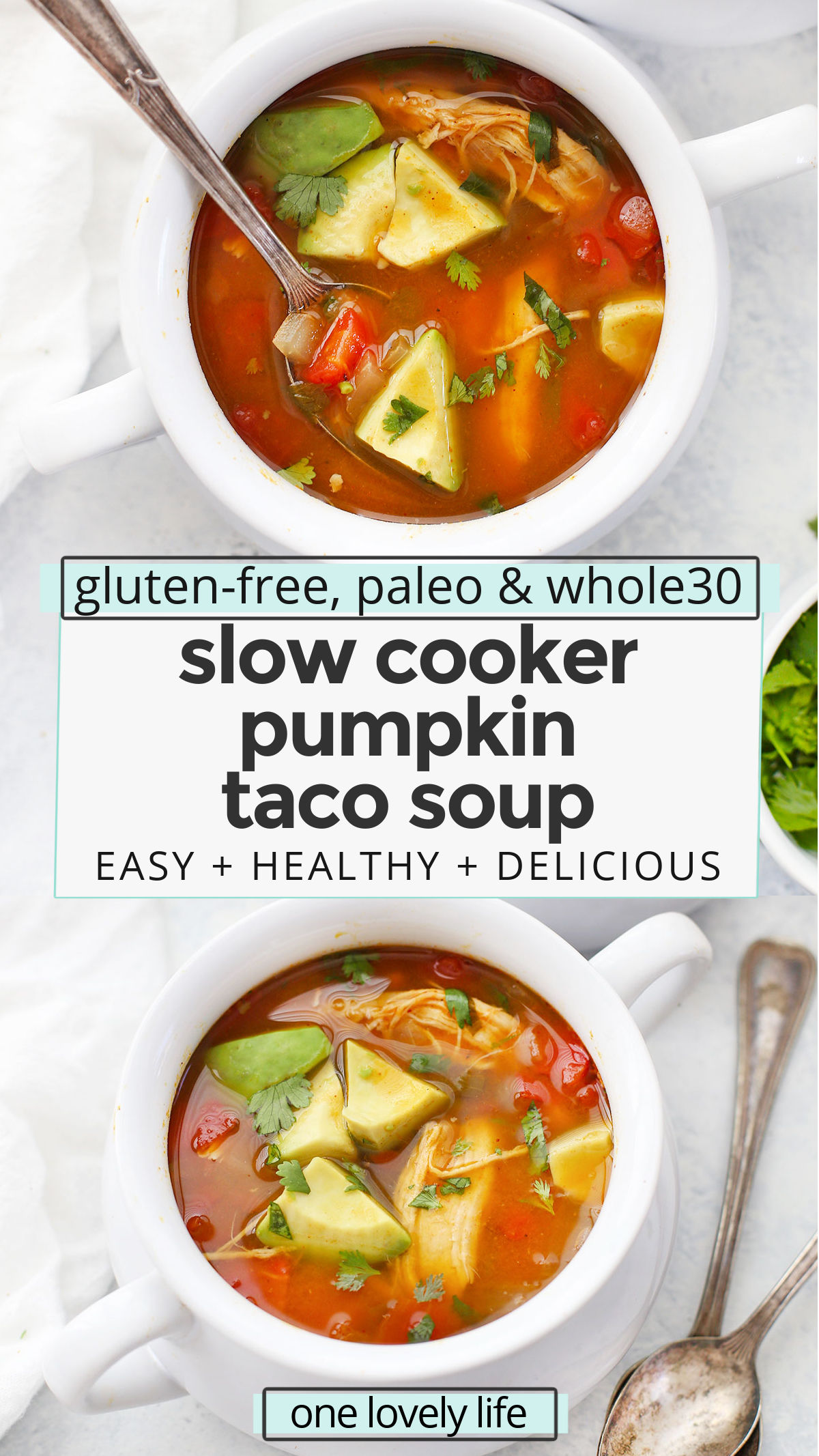 Slow Cooker Pumpkin Taco Soup - This easy paleo slow cooker recipe makes the BEST taco soup. We make it year round! (Gluten Free, Paleo & Whole30) // Slow Cooker Taco Soup // Instant Pot Taco Soup // Whole30 Slow Cooker // Crockpot Soup // Taco Soup Recipe #paleo #glutenfree #whole30 #slowcooker #crockpot #tacosoup #pumpkin