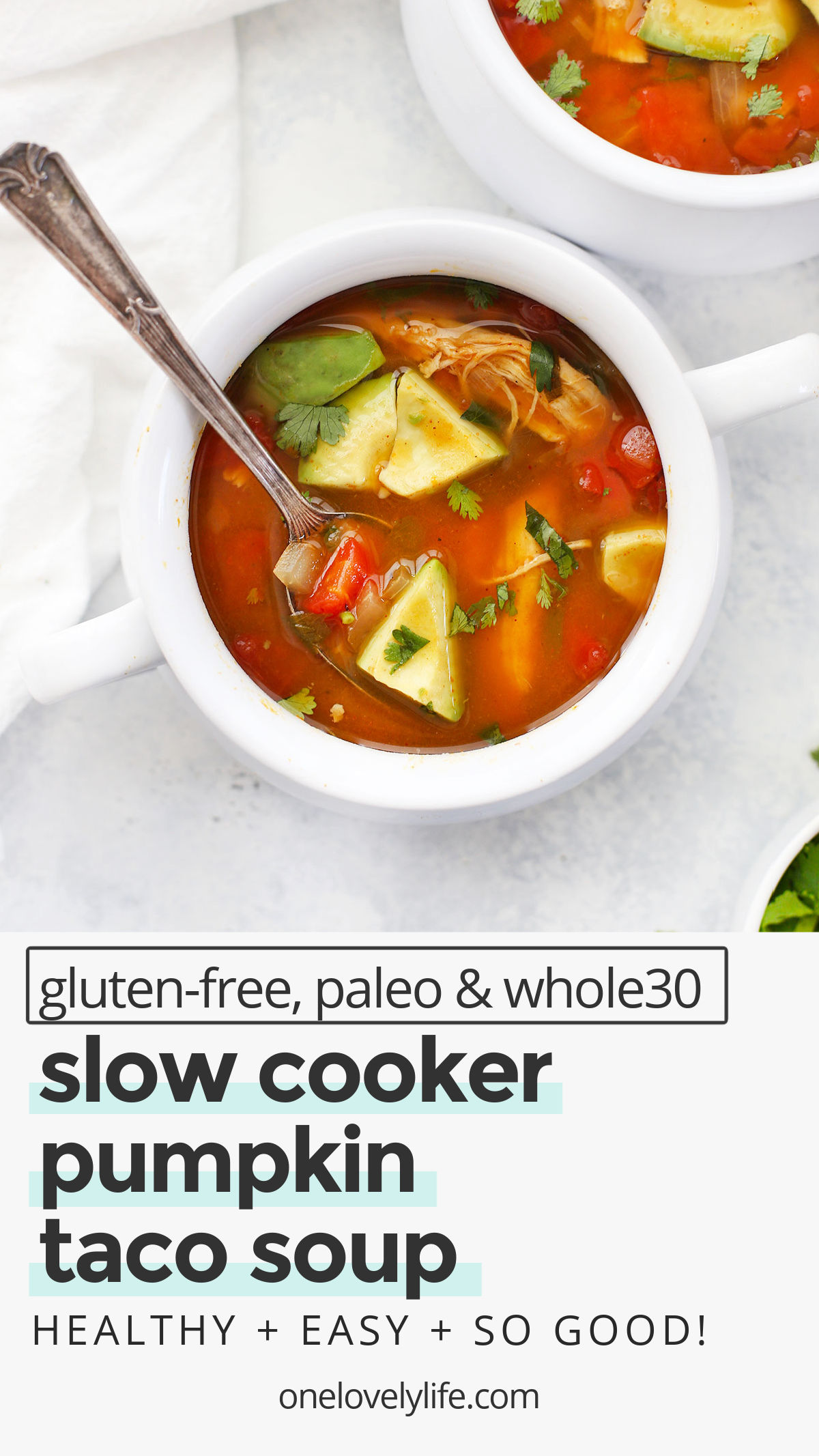 Slow Cooker Pumpkin Taco Soup - This easy paleo slow cooker recipe makes the BEST taco soup. We make it year round! (Gluten Free, Paleo & Whole30) // Slow Cooker Taco Soup // Instant Pot Taco Soup // Whole30 Slow Cooker // Crockpot Soup // Taco Soup Recipe #paleo #glutenfree #whole30 #slowcooker #crockpot #tacosoup #pumpkin