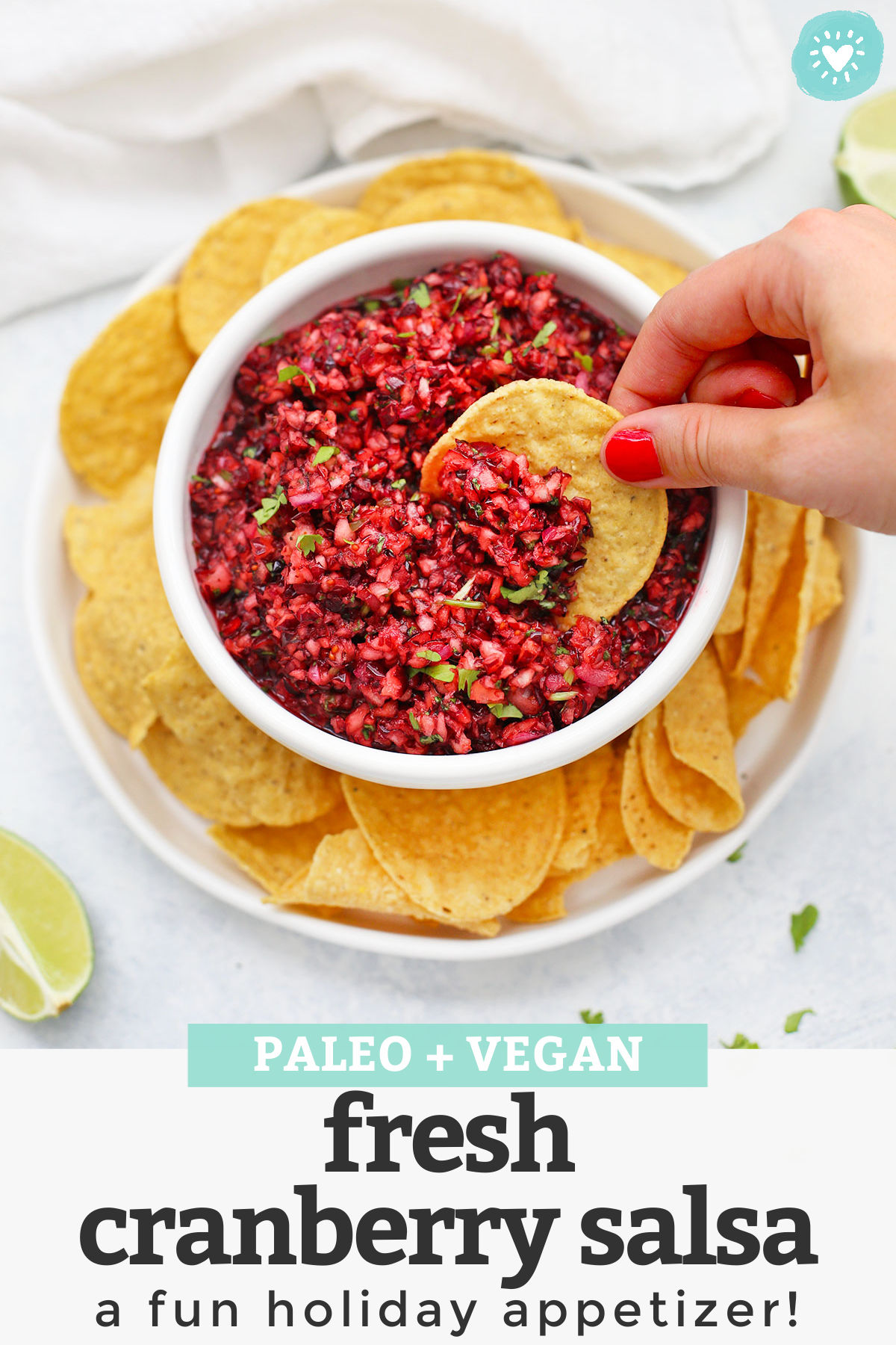 Fresh Cranberry Salsa (+a fun appetizer idea!) - Cranberry salsa is the perfect holiday appetizer! It's always a hit at parties. Check out all the fun ways to serve it in the post! (Paleo or Vegan) Cranberry Salsa Cream Cheese Dip // cranberry salsa recipe #cranberry #salsa #appetizer #holidayappetizer #paleothanksgiving #veganthanksgiving