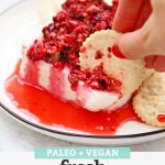Front view of vegan cream cheese topped with fresh cranberry salsa with a cracker used for dipping with text overlay that reads "Paleo + Vegan Fresh Cranberry Salsa: A Fun Holiday Appetizer!"