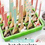 Dairy free, vegan, paleo hot chocolate spoons setting in a silicone ice cube mold with text overlay that reads "how to make hot chocolate spoons +free printable gift tags"