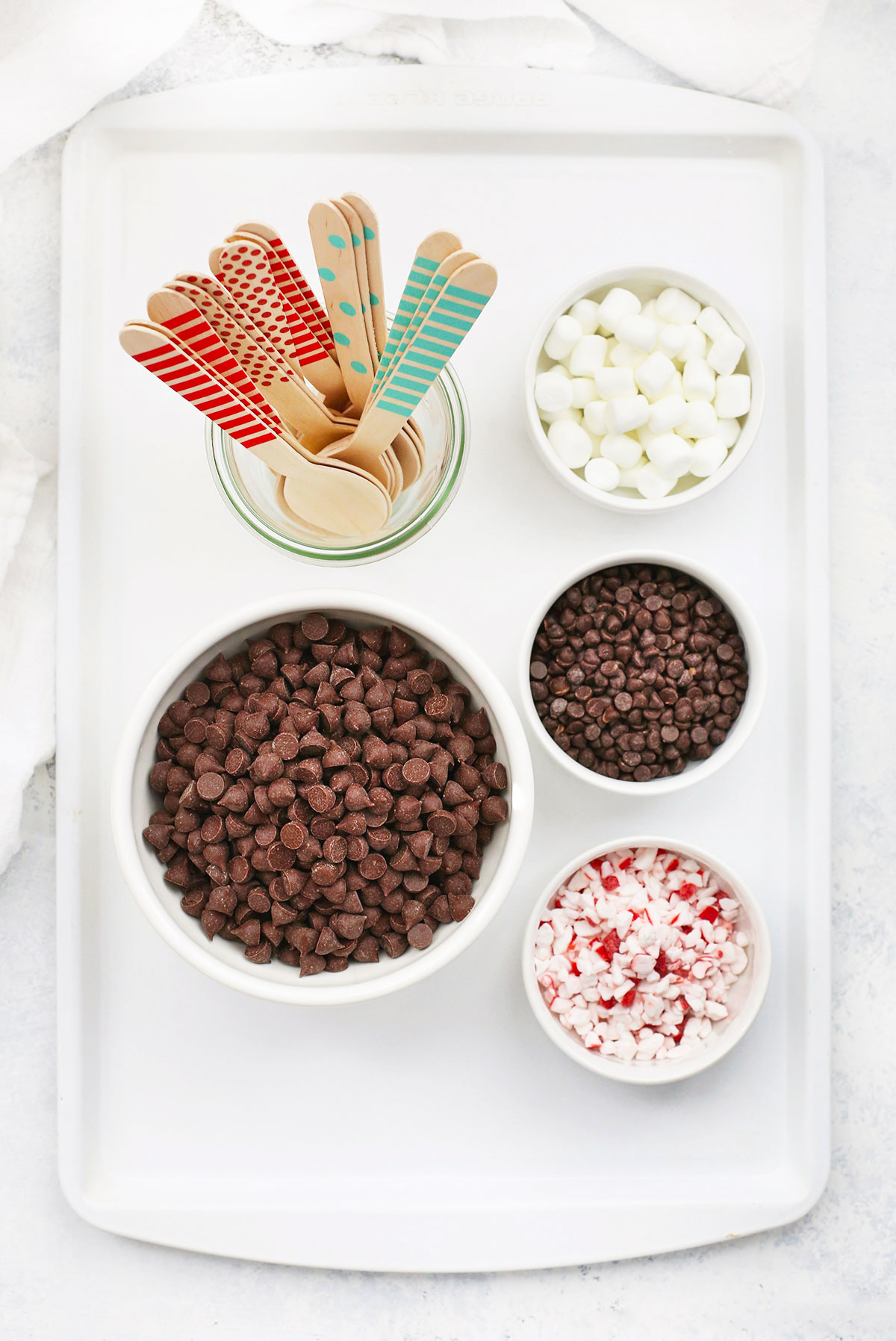 Overhead view of ingredients for hot chocolate spoons