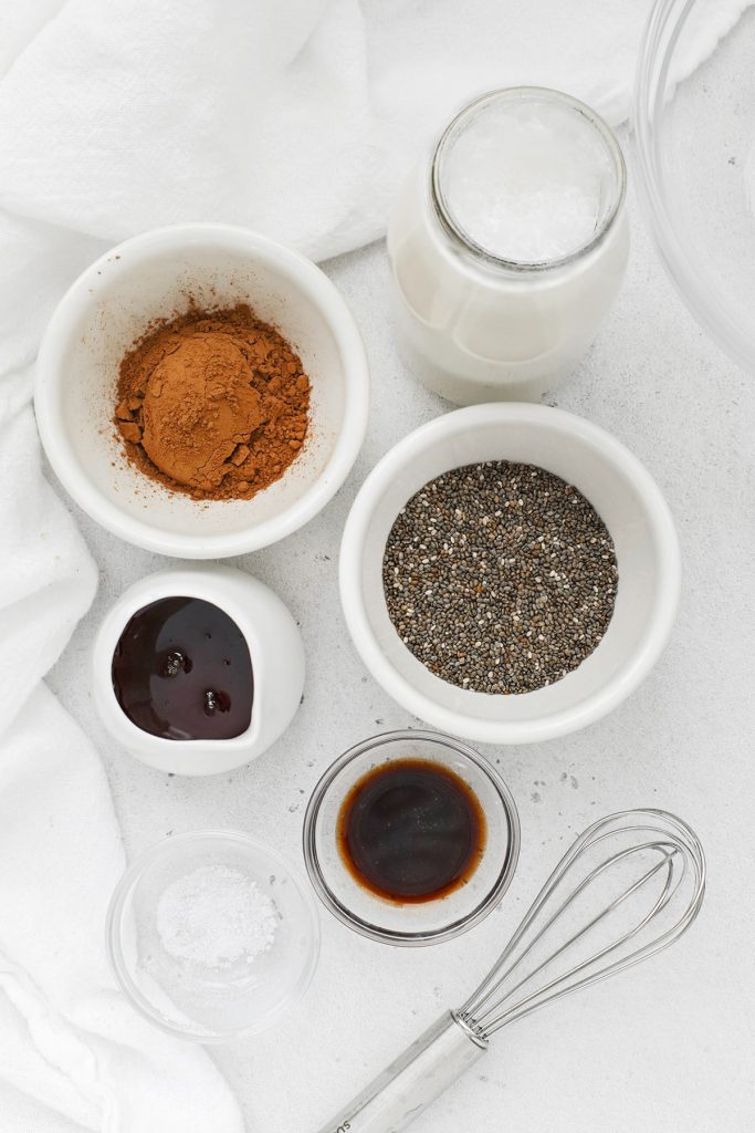 Overhead view of ingredients for chocolate chia pudding