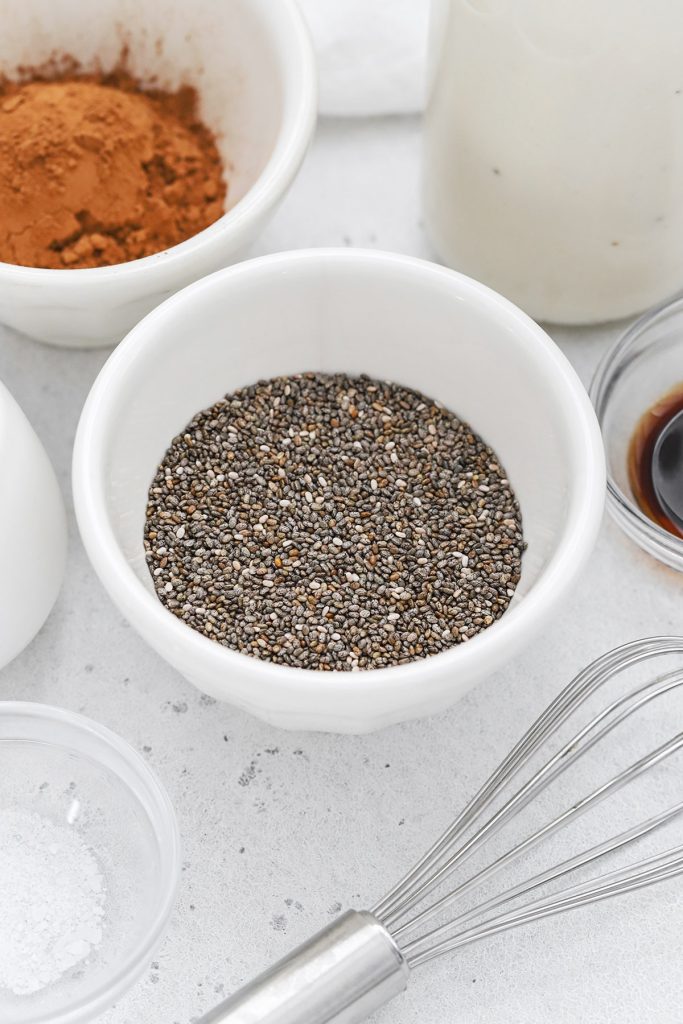 Close up view of a bowl of chia seeds for chocolate chia pudding