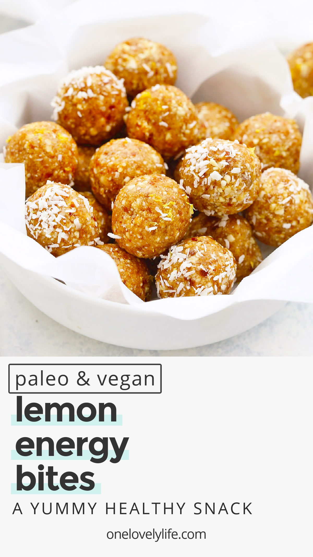 No-Bake Lemon Energy Bites - These tasty lemon energy balls make such a yummy snack or healthy treat! They're a hit with kids and grown-ups! (Gluten-Free, Vegan, Paleo) // Energy ball recipe // lemon cheesecake energy bites // healthy snack // meal prep snack // healthy snack ideas // healthy snack recipes // lemon coconut energy bites // lemon coconut energy balls // paleo energy bites // whole30 snack // whole30 recipe