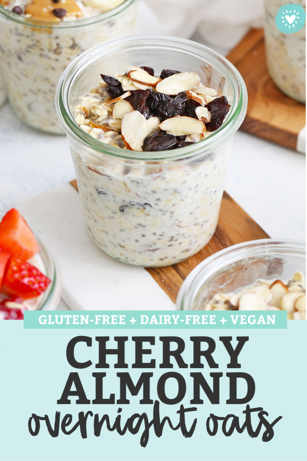 Cherry Almond Overnight Oats - Creamy overnight oats loaded with tangy cherries and crunchy almonds. This yummy overnight oats recipe is one of our favorites! (Gluten-free, vegan) // Meal Prep Breakfast // Cherry Overnight Oats // Healthy Breakfast // Cherry Overnight oatmeal