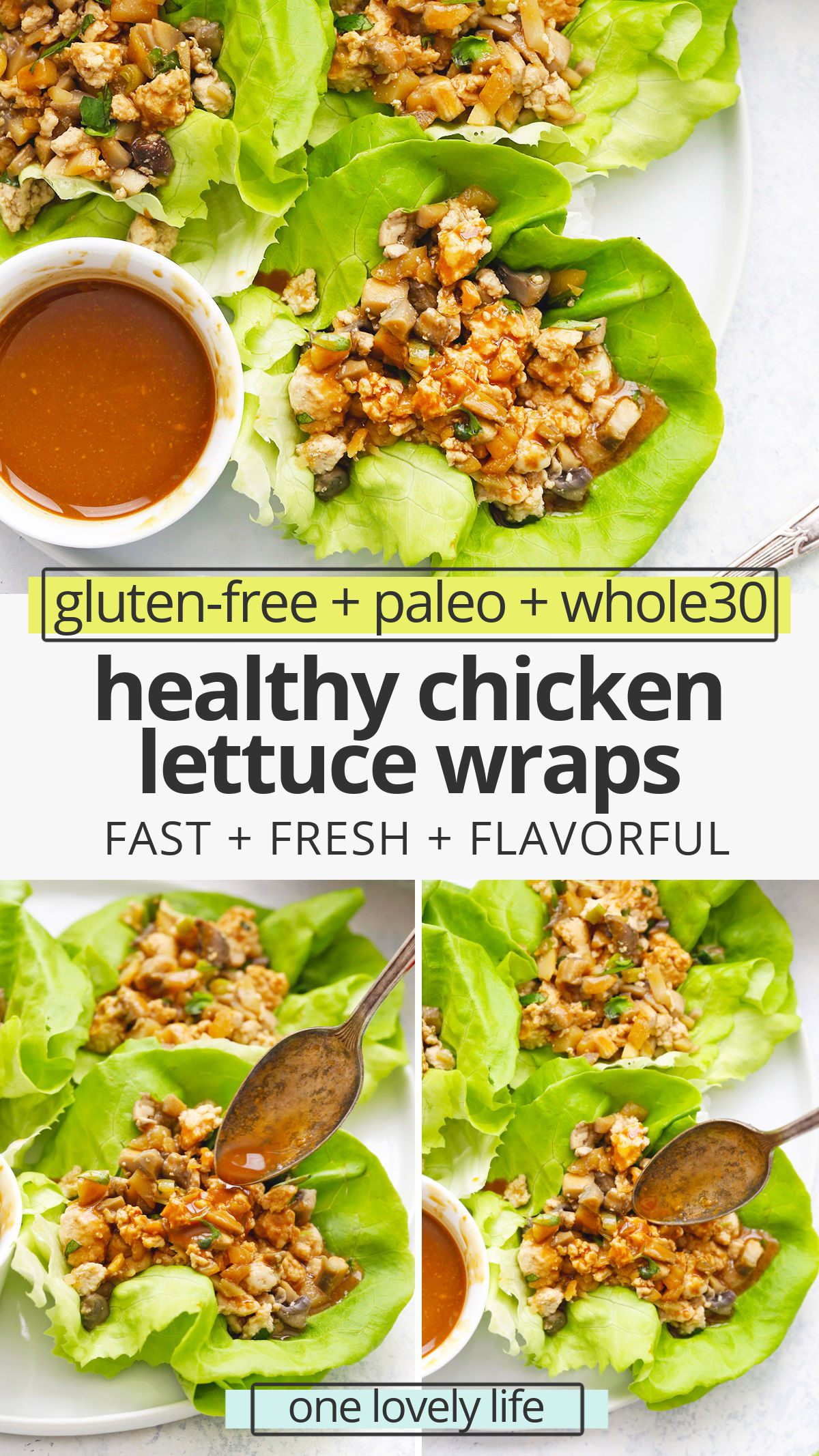 Paleo Chicken Lettuce Wraps - Fresh, flavorful & FAST, these healthy chicken lettuce wraps are on the table in no time. (Gluten-Free, Whole30) // Whole30 lettuce wraps // chicken lettuce wraps recipe // healthy chicken lettuce wraps // healthy lettuce wraps // paleo lettuce wraps // PF changs lettuce wraps //