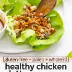 Front view of Paleo Chicken Lettuce Wraps with text overlay that reads "gluten-free + paleo + whole30 healthy chicken lettuce wraps: Fast + fresh + flavorful"