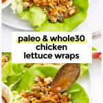 paleo chicken lettuce wraps next to a bowl of dipping sauce