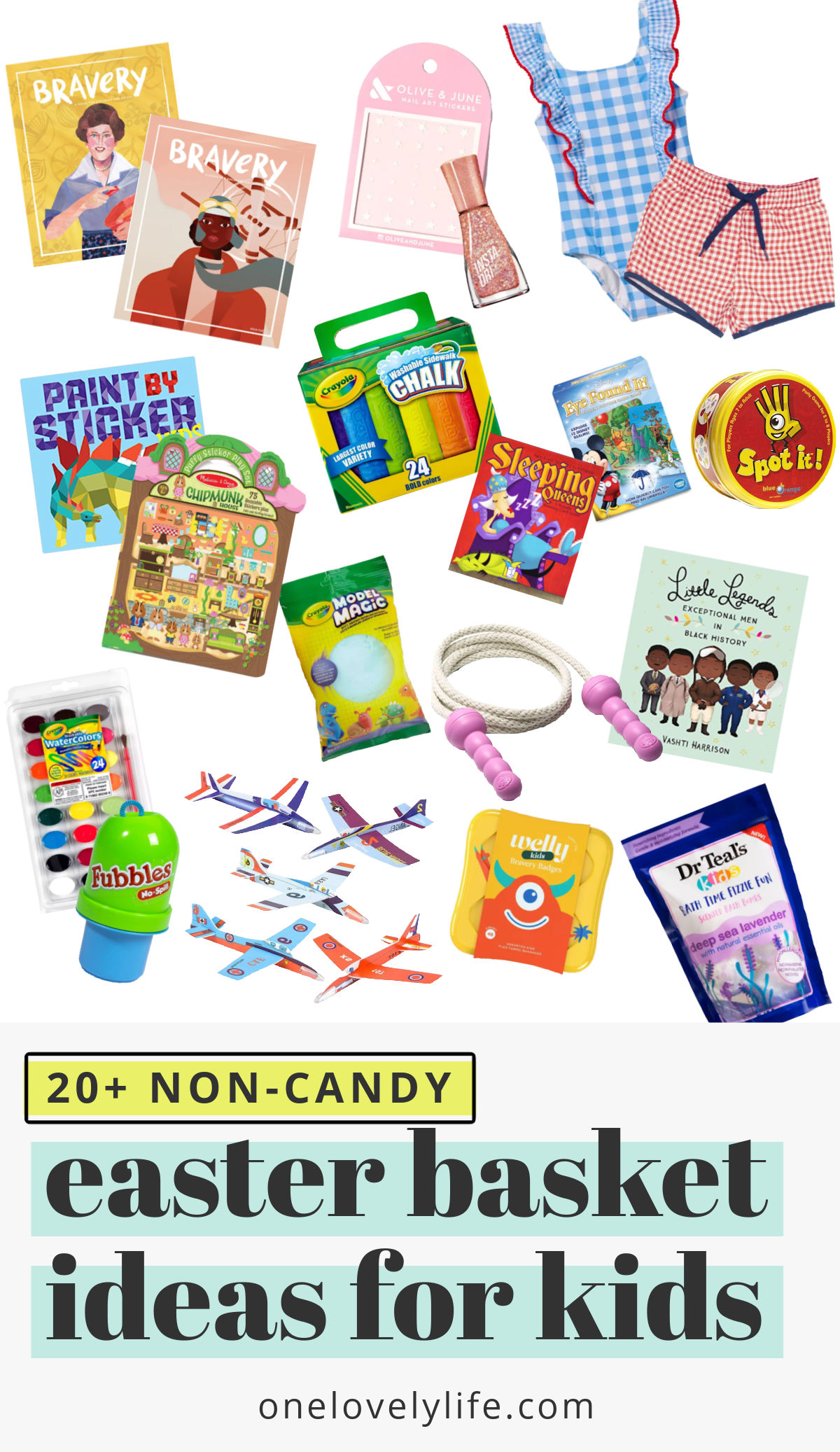 GREAT list of kids Easter basket ideas! No candy ideas for Easter from books to craft supplies, swimsuits, and more! // Easter Basket Ideas // Easter baskets for kids // boys easter baskets // girls easter baskets // Easter gifts #easterbaskets #easter #giftideas