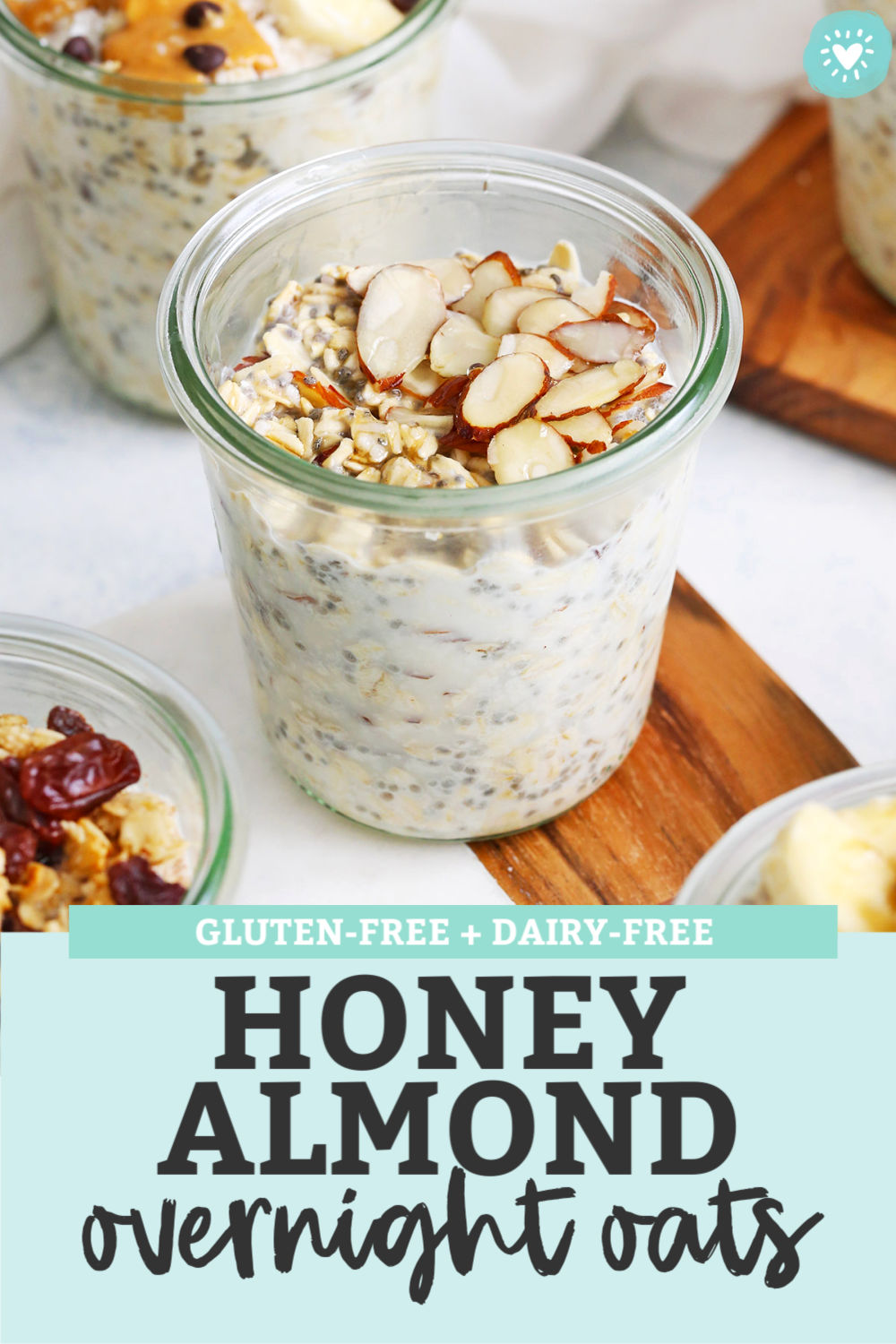 Honey Almond Overnight Oats - Creamy overnight oats studded with crunchy almonds and a kiss of honey. This is one delicious meal prep breakfast!  (Gluten-free) // Meal Prep Breakfast // Almond Overnight Oats // Healthy Breakfast // Honey almond overnight oatmeal // honey overnight oats // easy almond overnight oats