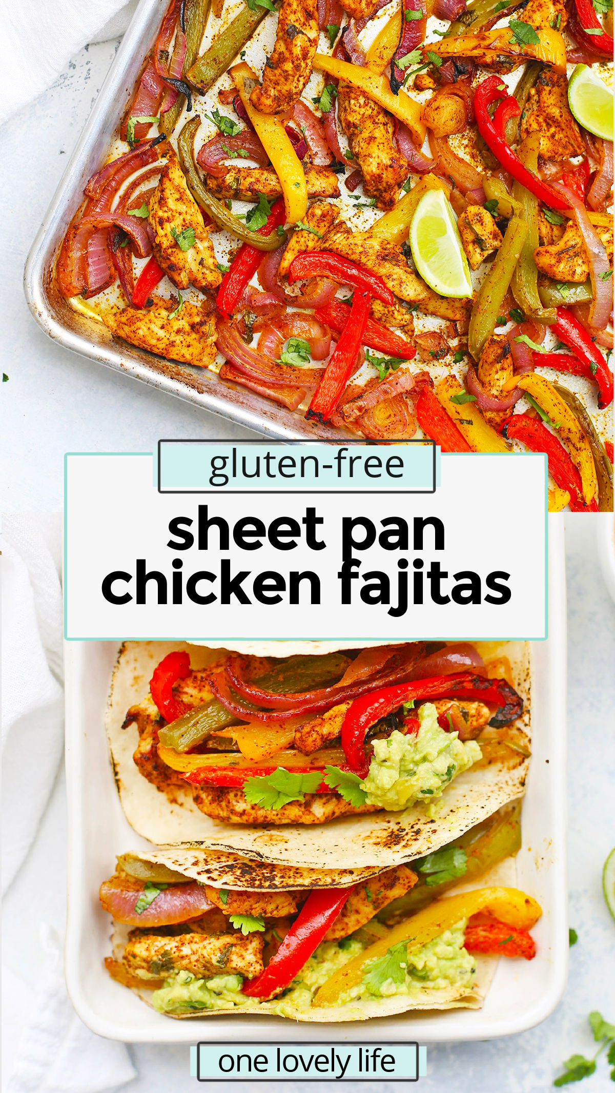 Sheet Pan Chicken Fajitas - This easy one-pan dinner is a family favorite! A flavorful seasoning mix + a rainbow of veggies make this sheet pan dinner delicious! (Gluten-Free, Dairy-Free) // Healthy One Pan Dinner // Sheet Pan Fajitas Recipe // gluten free sheet pan dinner // gluten free chicken fajitas // gluten free sheet pan fajita recipe // easy gluten free dinner // easy dinners //