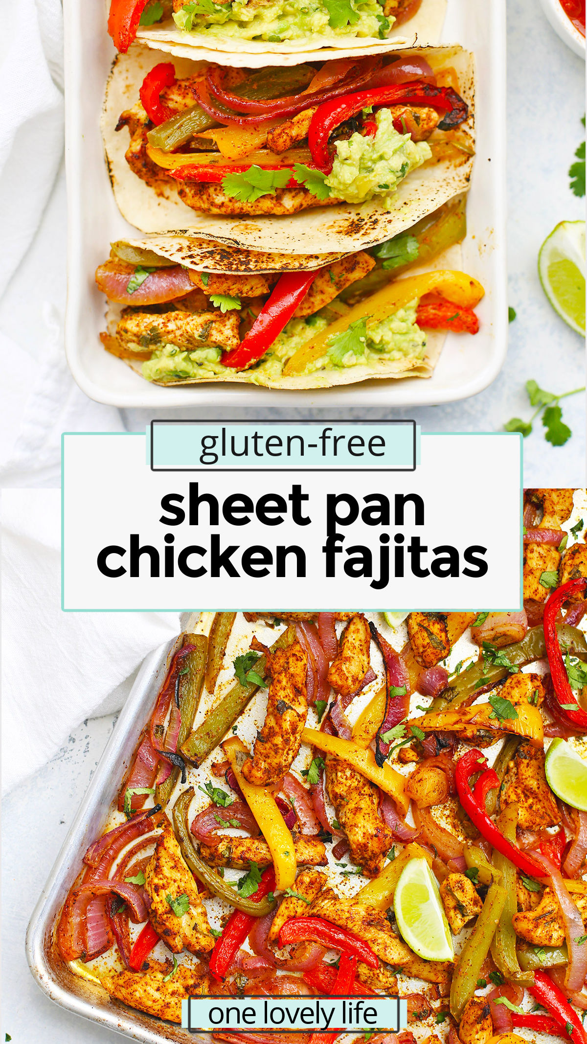Sheet Pan Chicken Fajitas - This easy one-pan dinner is a family favorite! A flavorful seasoning mix + a rainbow of veggies make this sheet pan dinner delicious! (Gluten-Free, Dairy-Free) // Healthy One Pan Dinner // Sheet Pan Fajitas Recipe // gluten free sheet pan dinner // gluten free chicken fajitas // gluten free sheet pan fajita recipe // easy gluten free dinner // easy dinners //