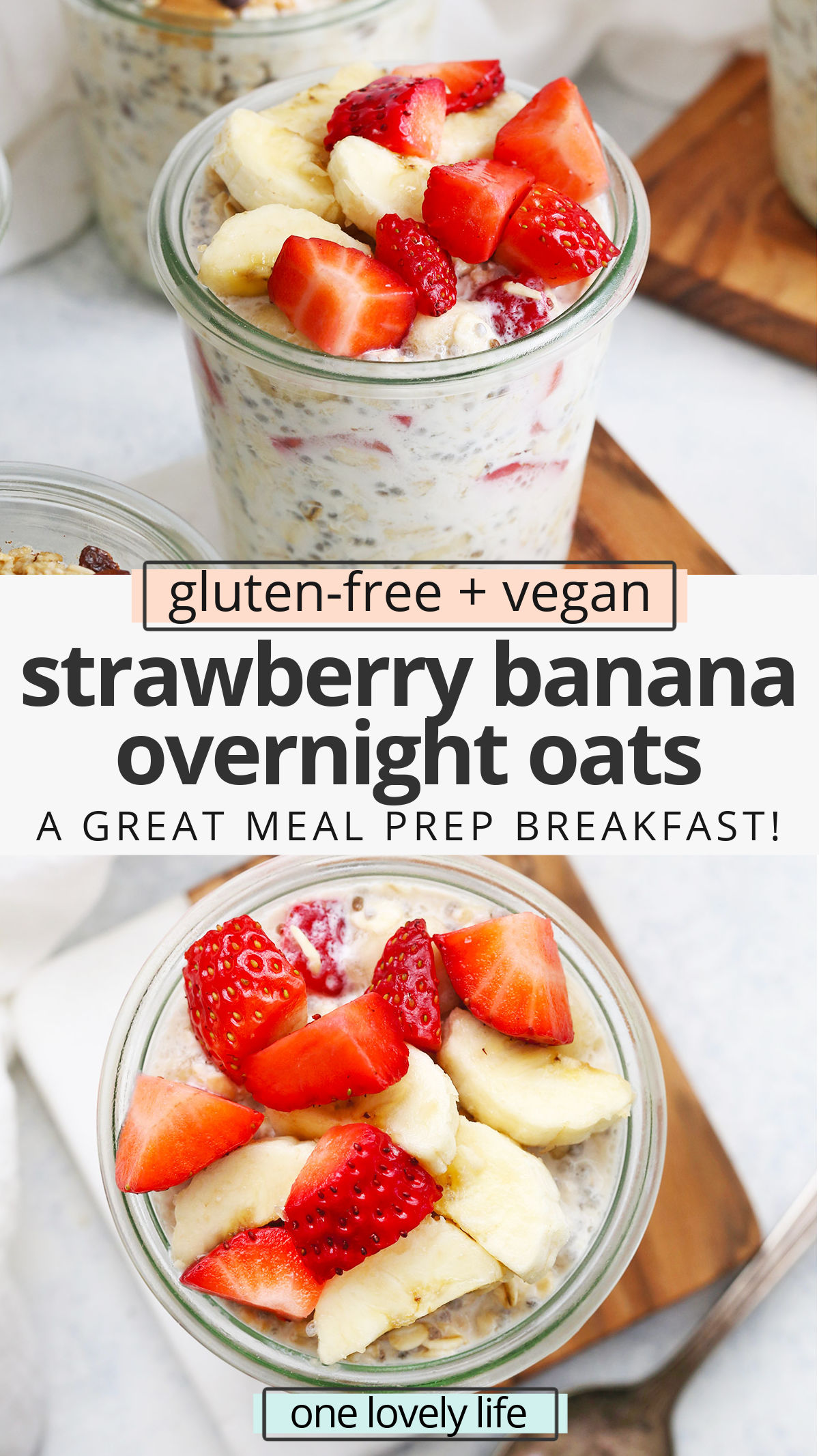 Strawberry Banana Overnight Oats - Creamy overnight oats with bananas and fresh strawberries. This strawberry overnight oats recipe is delicious on a busy morning! (Gluten-free, vegan) // Meal Prep Breakfast // Strawberry Overnight Oats // Healthy Breakfast / strawberry overnight oats recipe / healthy breakfast ideas / gluten free breakfast / vegan breakfast / strawberry overnight oatmeal