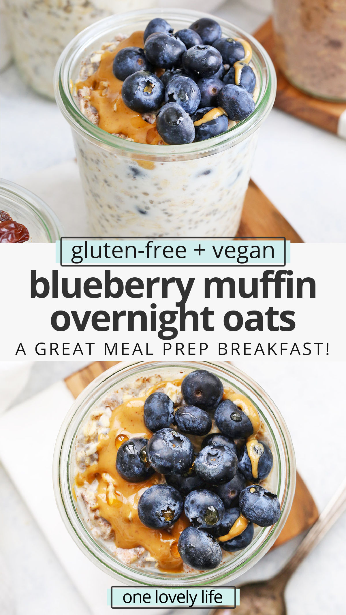 Blueberry Muffin Overnight Oats - Creamy, delicious overnight oats with a blueberry muffin twist!  You'll love this yummy meal prep breakfast! (Gluten-free, vegan) // Meal Prep Breakfast // Blueberry Overnight Oats recipe // Healthy Breakfast // blueberry overnight oatmeal // blueberry muffin overnight oatmeal recipe