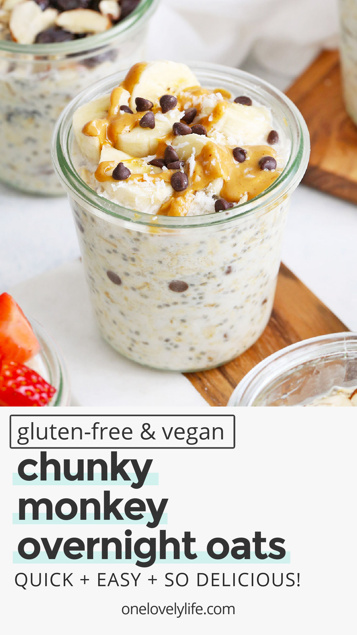 Chunky Monkey Overnight Oats - Creamy peanut butter banana overnight oats with a little sprinkle of coconut and chocolate on top. You'll LOVE this make-ahead breakfast! (Gluten-free, vegan) // Meal Prep Breakfast // Peanut Butter Banana Overnight Oats // Healthy Breakfast // Chunky Monkey Overnight Oatmeal // Peanut Butter Overnight Oats