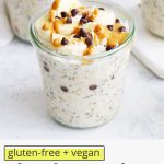 Front view of a jar of Chunky Monkey Overnight Oats with text overlay that reads "gluten-free + vegan Chunky Monkey Overnight Oats: Perfect for meal prep!"