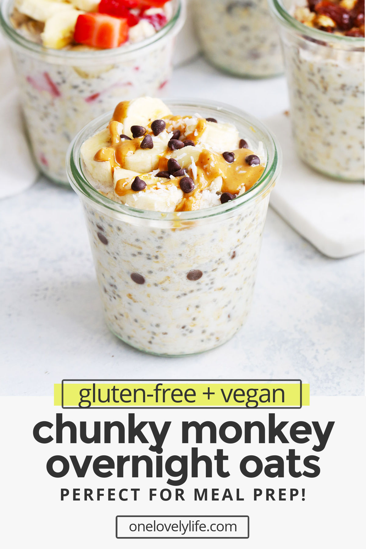 Chunky Monkey Overnight Oats - Creamy peanut butter banana overnight oats with a little sprinkle of coconut and chocolate on top. You'll LOVE this make-ahead breakfast! (Gluten-free, vegan) // Meal Prep Breakfast // Peanut Butter Banana Overnight Oats // Healthy Breakfast // Chunky Monkey Overnight Oatmeal // Peanut Butter Overnight Oats