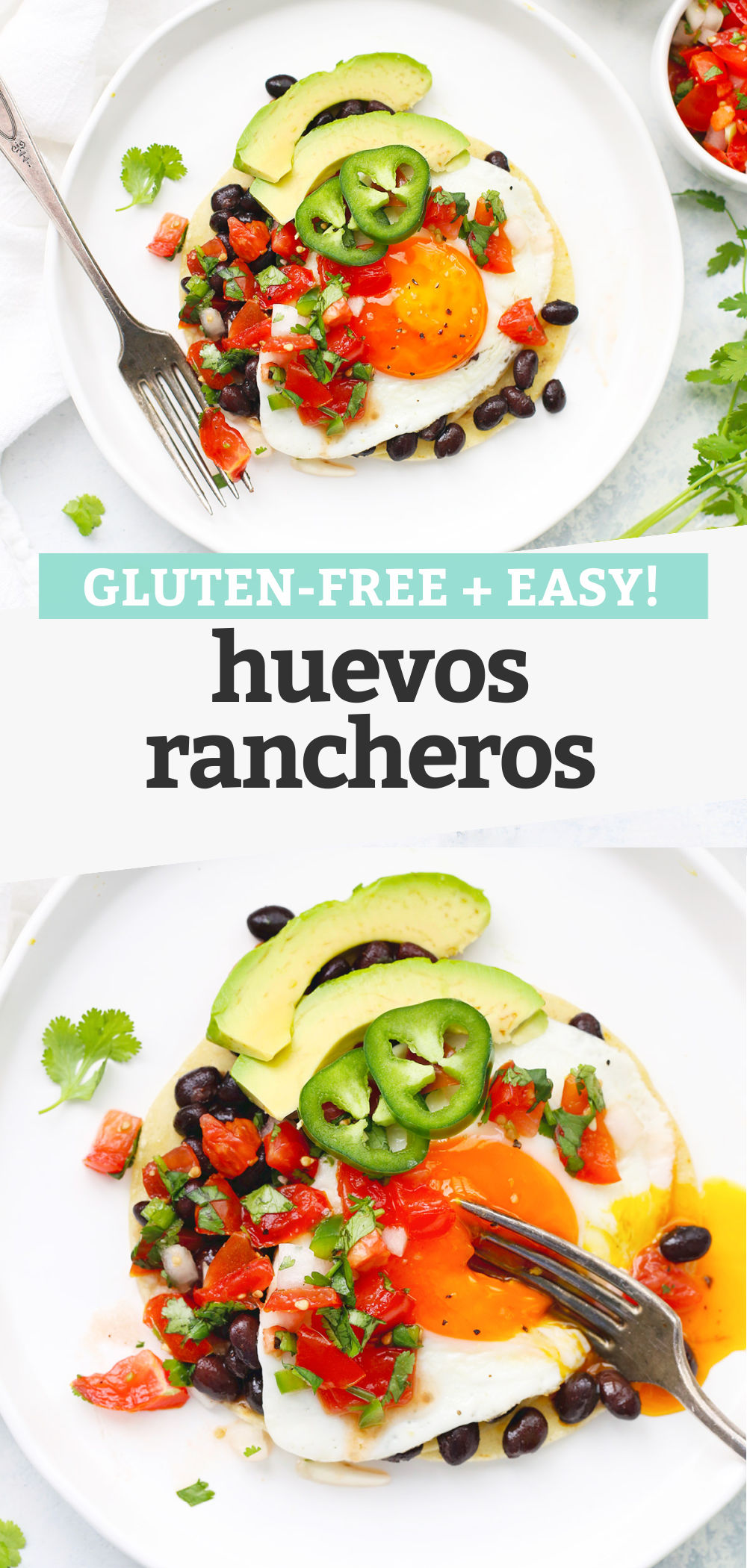 Collage of images of huevos rancheros with fresh pico de gallo with text overlay that reads "gluten-free + easy huevos rancheros"