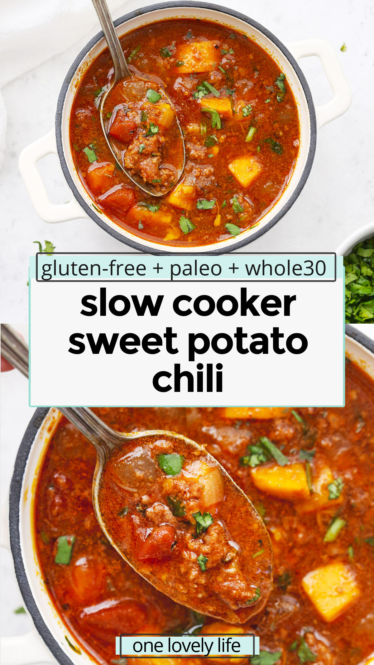 Slow Cooker Sweet Potato Chili - This paleo sweet potato chili recipe is one of our favorites. It tastes even better the next day! (Gluten-Free, Whole30) // Whole30 chili // crock pot sweet potato chili // paleo chili // chili no beans // chili without beans // healthy chili //