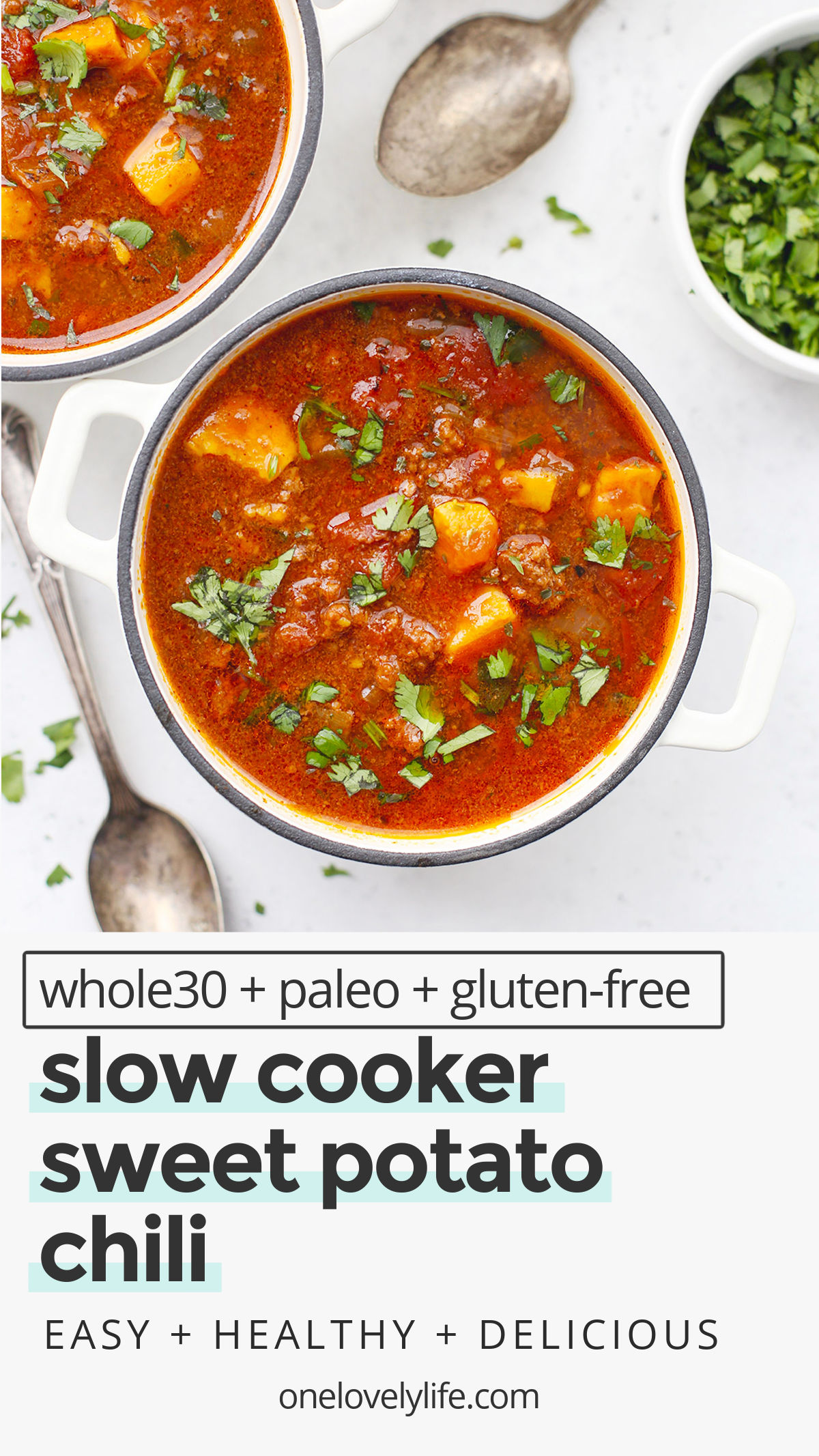 Slow Cooker Sweet Potato Chili - This paleo sweet potato chili recipe is one of our favorites. It tastes even better the next day! (Gluten-Free, Whole30) // Whole30 chili // crock pot sweet potato chili // paleo chili // chili no beans // chili without beans // healthy chili //