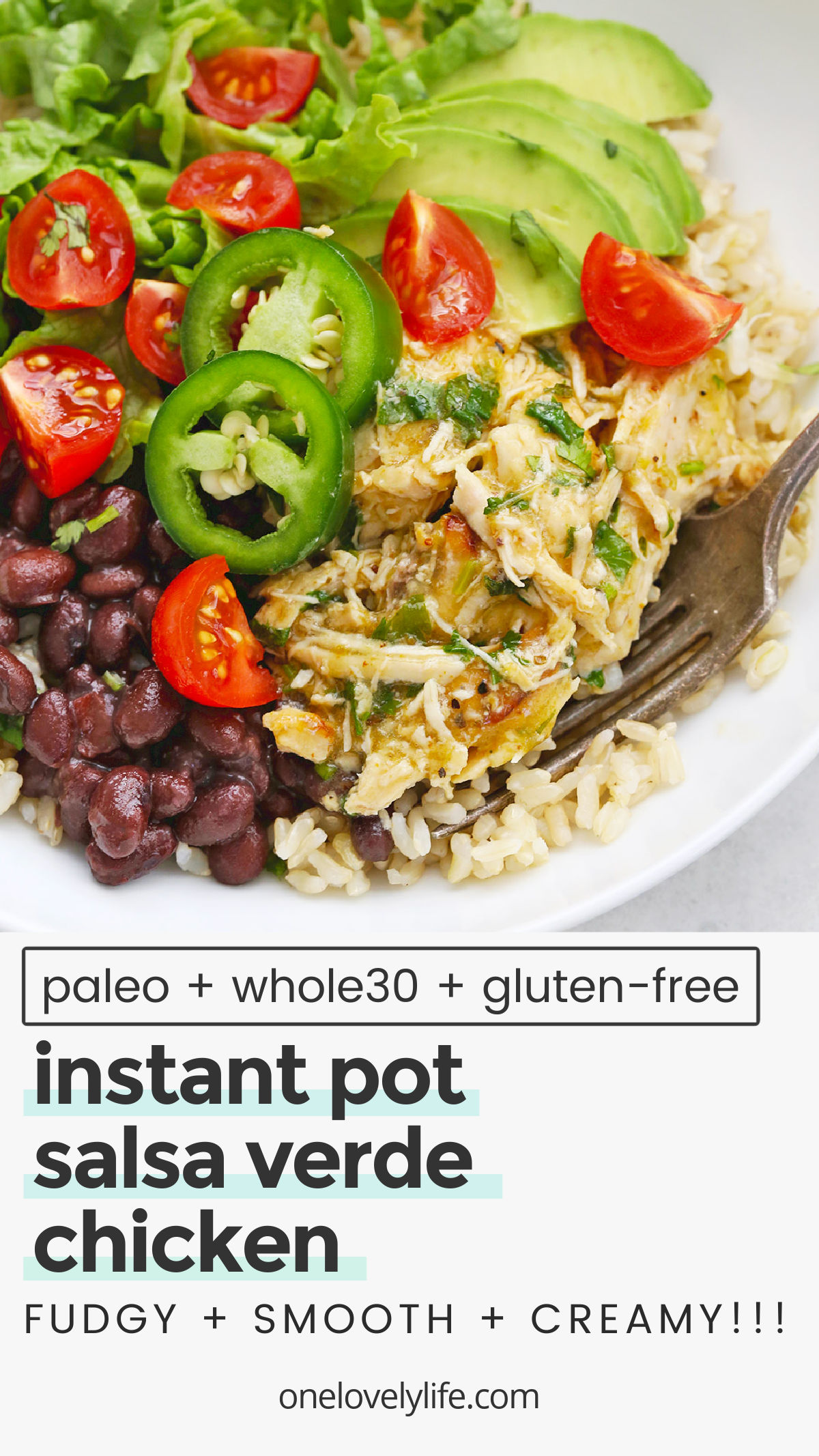 Instant Pot Salsa Verde Chicken - This Instant Pot shredded chicken uses green salsa + simple seasonings to make perfectly tender chicken that's perfect for burrito bowls, tacos, nachos, and more! (Gluten-Free, Paleo, Whole30) // Pressure Cooker Salsa Verde Chicken // Pressure Cooker Salsa Chicken // Instant Pot Salsa Chicken / instant pot chicken recipe // salsa verde chicken recipe