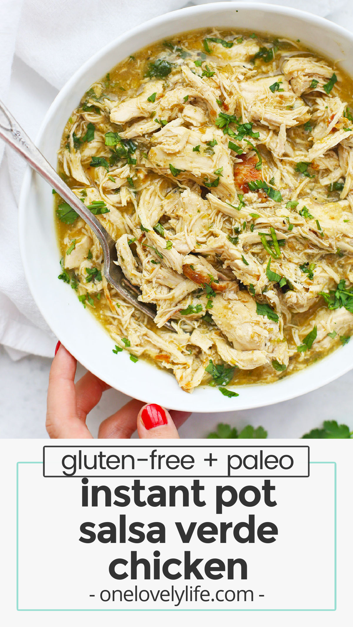 Instant Pot Salsa Verde Chicken - This Instant Pot shredded chicken uses green salsa + simple seasonings to make perfectly tender chicken that's perfect for burrito bowls, tacos, nachos, and more! (Gluten-Free, Paleo, Whole30) // Pressure Cooker Salsa Verde Chicken // Pressure Cooker Salsa Chicken // Instant Pot Salsa Chicken / instant pot chicken recipe // salsa verde chicken recipe