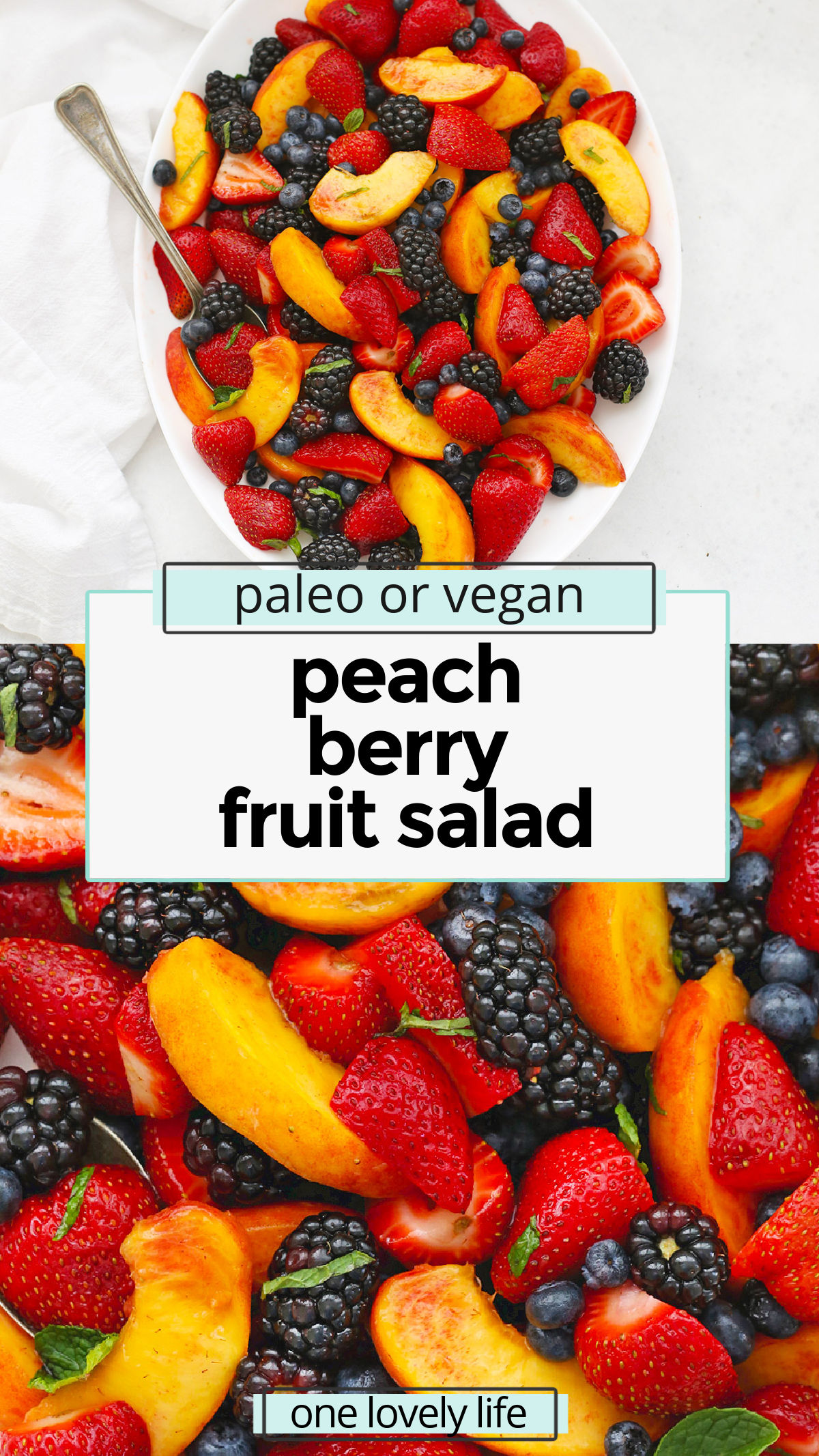 Peach Berry Fruit Salad - This summer fruit salad uses the BEST combination of fresh peaches and berries with a bright, tangy dressing to make a beautiful side dish everyone will love! (Paleo or Vegan) // Peach Fruit Salad Recipe // Summer Fruit Salad Recipe // BBQ Side Dish // Side Salad