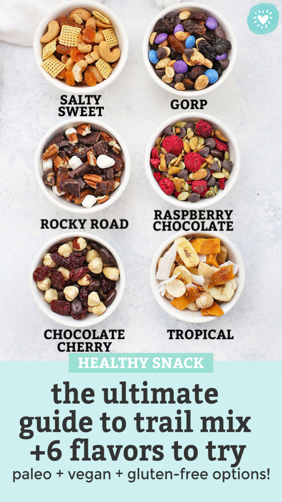 How to Make the BEST Trail Mix - Try this DIY Trail Mix Bar to make a week of healthy snacks in no time with these yummy trail mix ideas! Try our favorite flavor combinations or create your own. Gluten free, vegan, paleo, and Whole30 options! // Paleo snack // Trail Mix // Gluten free snack // Vegan snack #trailmix #glutenfree #vegan #paleo #snack #healthysnack